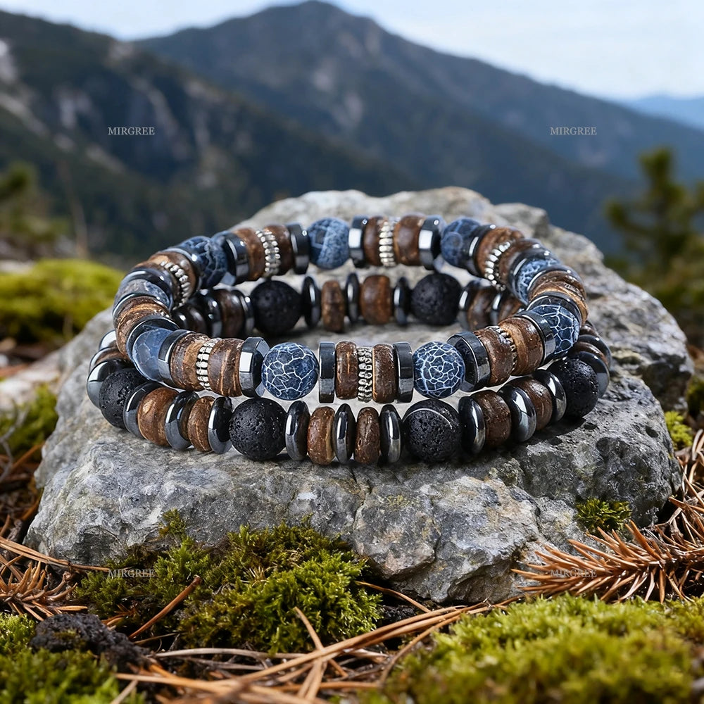 2pcs Men's Natural Stone Bead Bracelet Set, Handmade Retro Outdoor Style Men's Jewelry, Men's Gift