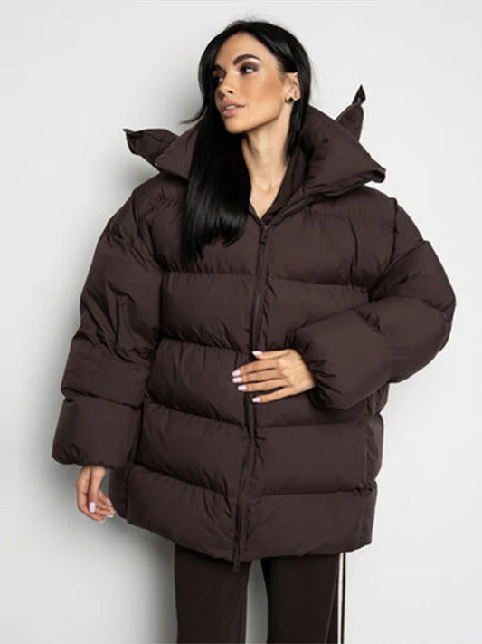 Winter Warm Hooded Cotton Jacket Women Fashion Standneck Zipper Long Sleeves Oversize Coats 2025 Female Chic Casual Outerwear