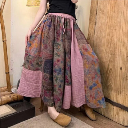 Women 2025 Summer New Loose Spliced Print Cotton and Linen Skirt Retro Casual Elastic Waist Skirt