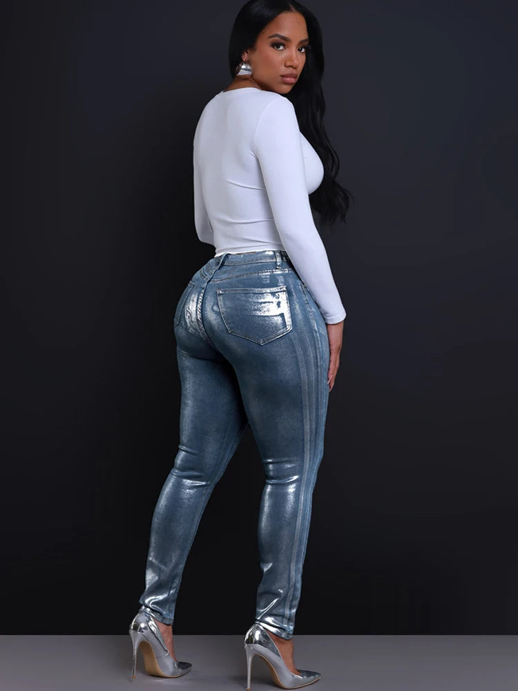 BKQU American Jeans Women Pencil Pants 2025 New Metallic Silver High Waist Streetwear Elastic Skinny Denim Trousers Female y2k