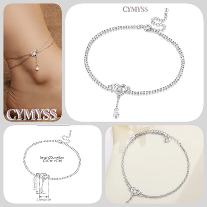 Original Anklets for Women 925 Sterling Silver Exquisite 2 Layer Zircon Chain Anklet Gold Color Ideal Summer Beach Jewelry Gift