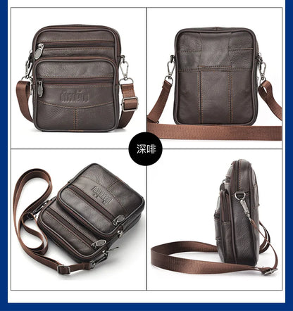 Men’s Genuine Leather Crossbody Bag,Double Zipper Small Shoulder Bag,Compact Multi-Pocket Sling Bag for Everyday Carry