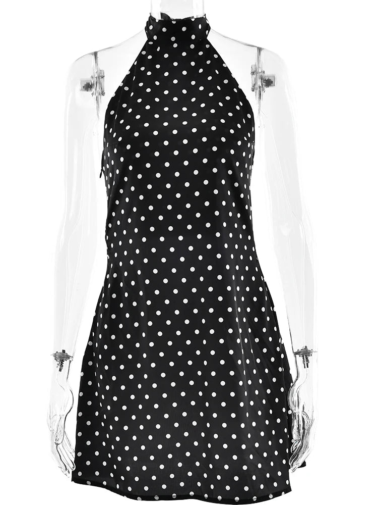 JULISSA MO Printed Polka Dot Halter Women Dress White Backless High Waist Mini Dress Female Summer Slim Casual Party Club Dress