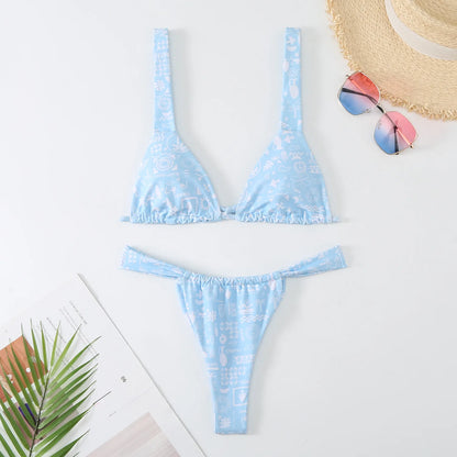 Lovely Flower Print Bikini Set Women 2024 Low Waist 2-piece Swimsuit Sexy Thong Swimwear Summer Beach Vacation Bathing Suit New