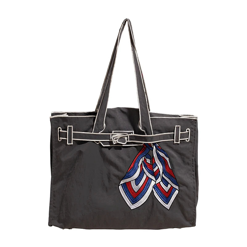 Japanese Nylon Silk Scarf Embroider Tote Bag Large Capacity Fashion Shoulder Bag for School Work Shopping Retro Handbag 2025 NEW