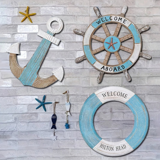 1 Set of Nautical-Themed Home Decor Wooden Anchors, Helms, and Lifebuoys Ocean-Themed Wall Hanging Decorations Indoor Nautical Decor Can Be Used for Wall Decoration at Outdoor Parties and Yard Gatherings