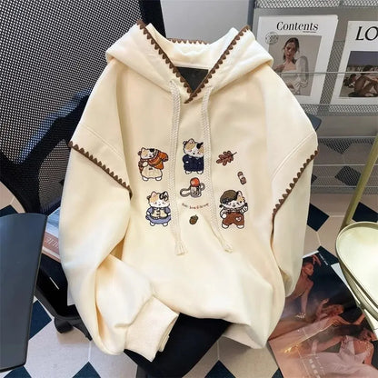 Design Sensation Small Audience Cartoon Cat Embroidery Sweatshirt Women Early Autumn Sweet Milk Cute Small Size Hooded Jacket To