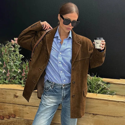 Talenza Vintage Women's Suede Leather Jacket Single Breasted Lapel Brown Blazer Loose Coats 2025 Autumn Office Lady Outerwears