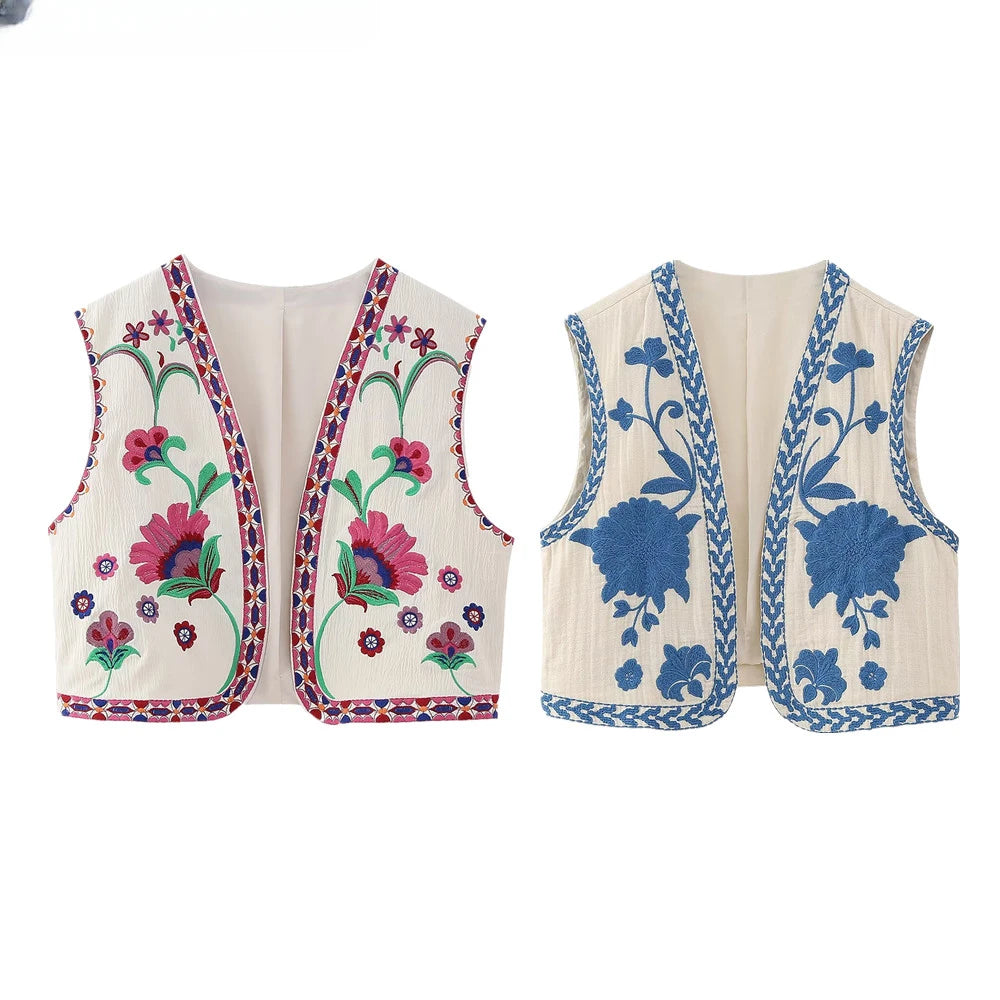 Women's Vintage Floral Embroidered Open Waist Coat Casual Vacation Crop Top National Style Vest Jacket for Ladies