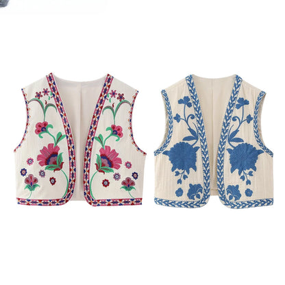 Women's Vintage Floral Embroidered Open Waist Coat Casual Vacation Crop Top National Style Vest Jacket for Ladies