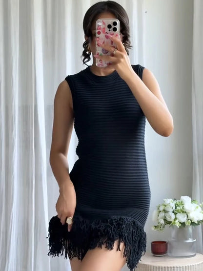 Elegant Women's Black Sleeveless Ribbed Knit Mini Dress Summer New Fringe Hem Bodycon Fit Dresses Casual Party Night Outfit