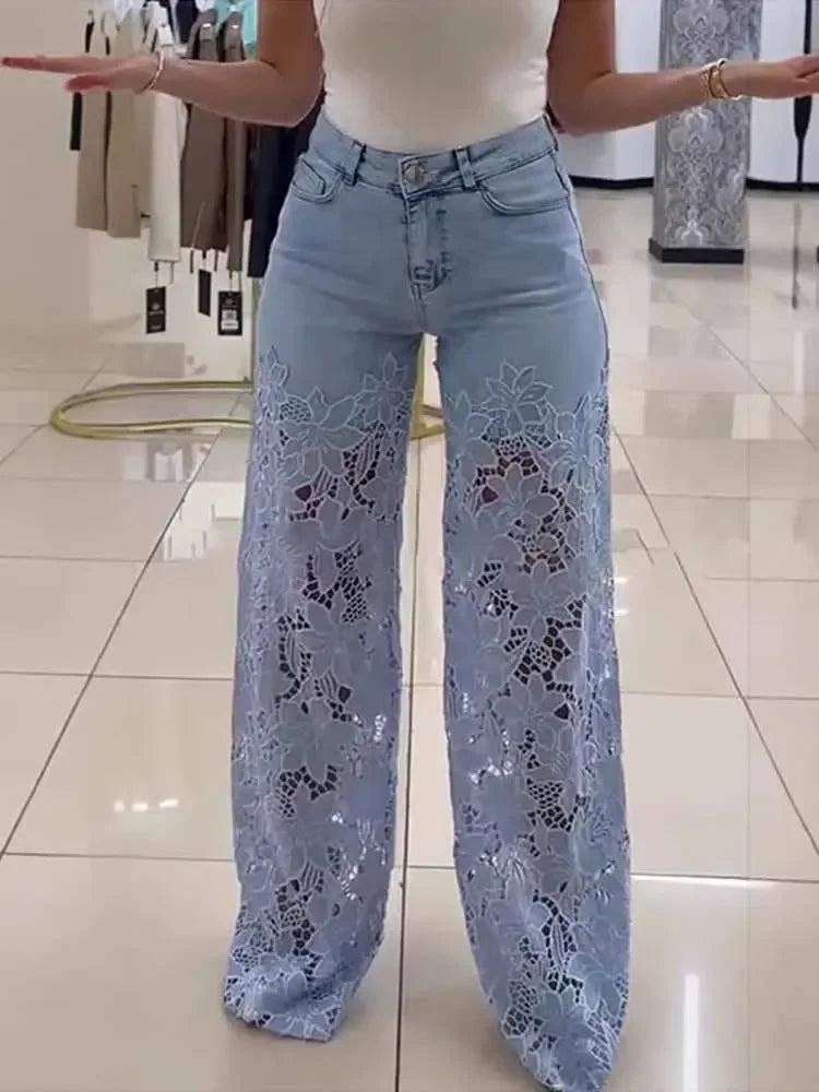 Careaymade-Lace Spliced Elegant Hollow Out Jeans Women New Temperament High Waist Straight Loose Denim Trousers Y2k Streetwear