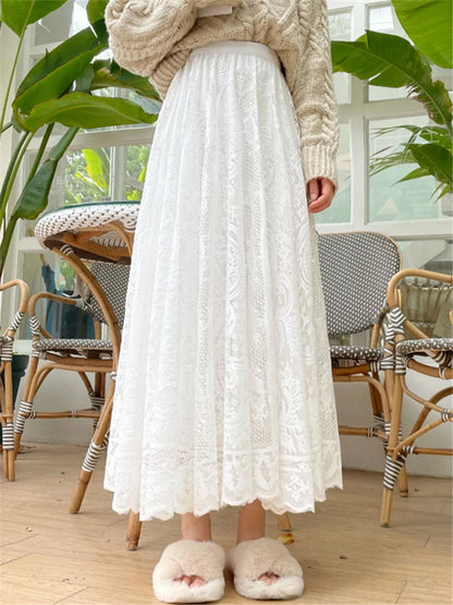 REALEFT Vintage Women's Lace Crochet Umbrella Long Skirts Bohemian High Waist Hollow Out Female Maxi Skirts Spring Summer