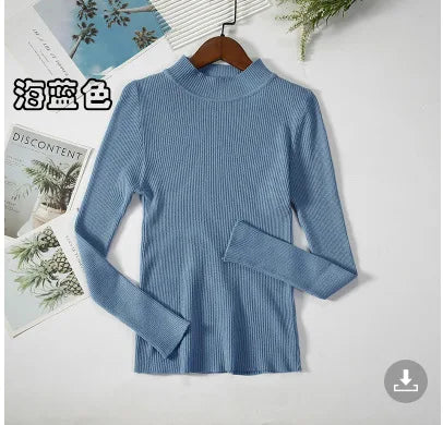 2026 Autumn Basic Bottoming Sweater Top Women Ribbed Soft Mock Neck Elastic Pullover Warm Solid Color Slim Jumper