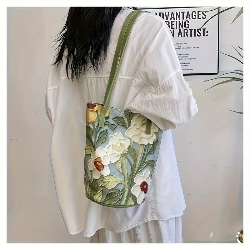 Large-Capacity Bucket Bag for Women Fashion Handbag Casual Shoulder Storage with Lovely Flower Design Premium Sense