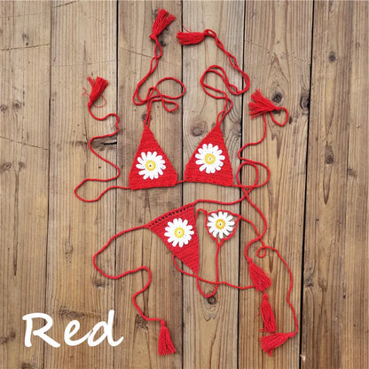 Hand crochet Cottom Thong String Daisy Applique Mini Bikini Swimwear Sunbathing Micro Swimwear