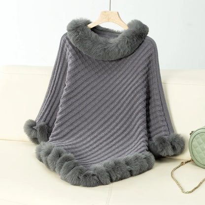 Knitted Cloak Sweater Women Shawl Outwear Warm Hairball Knit Casual Loose Plaid Poncho Cape Coat Spliced Solid Elegant