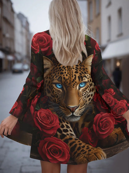 Women's Winter Jacket with 3D Tiger and Lion Animal Prints, Front-Opening Loose Fit Cape, Casual Polyester Women's Clothing