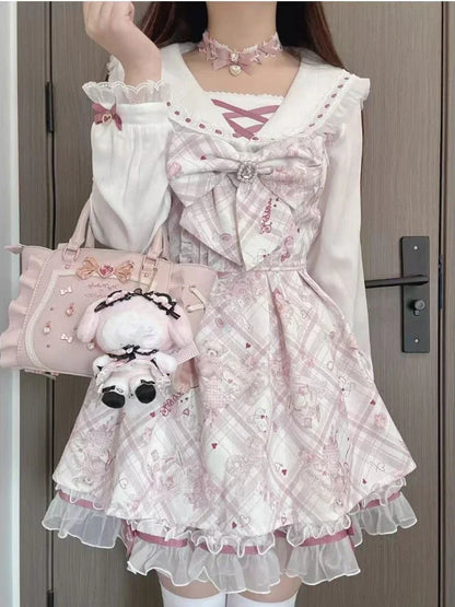 2024 Japanese Style Lolita Princess Dress Women Party Y2k Bandage Blue Cosplay Costumes Puff Sleeve Ribbon Bowknot Mini Dress