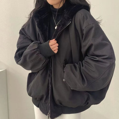 Faux Fur Coats Women American Vintage Jackets  Long Sleeve Hooded Office Lady Trench Winter Clothes Y2k Grey Jackets Streetwear