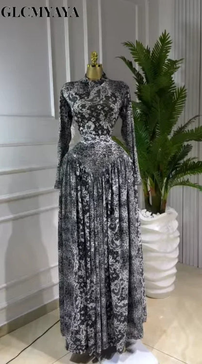 GLCMYAYA Women Full Sleeve Floral Printed O-neck Maxi Long Dress 2025 Evening Birthday Vacation Sexy Party Club Vestidos Dresses