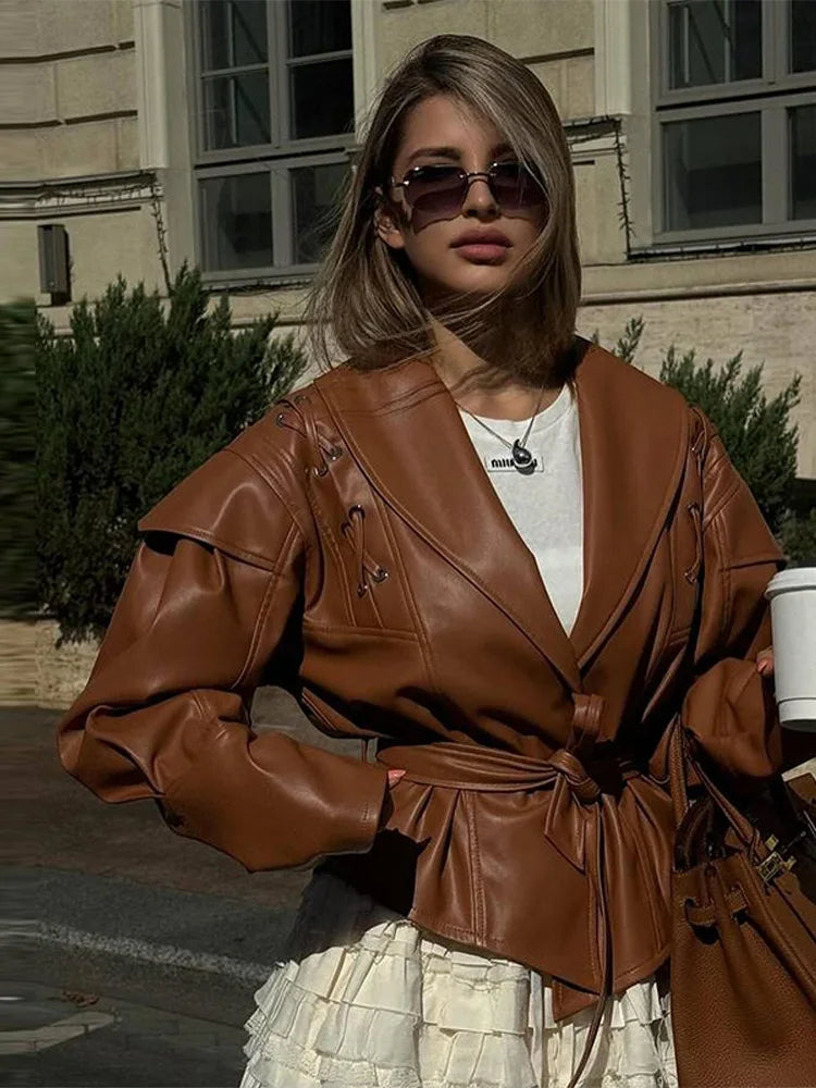Street Solid Color Lace Up Leather Jacket Woman Waist Cinching Long Sleeves Lapel Coat Casual Versatile Women's New Chic Jackets