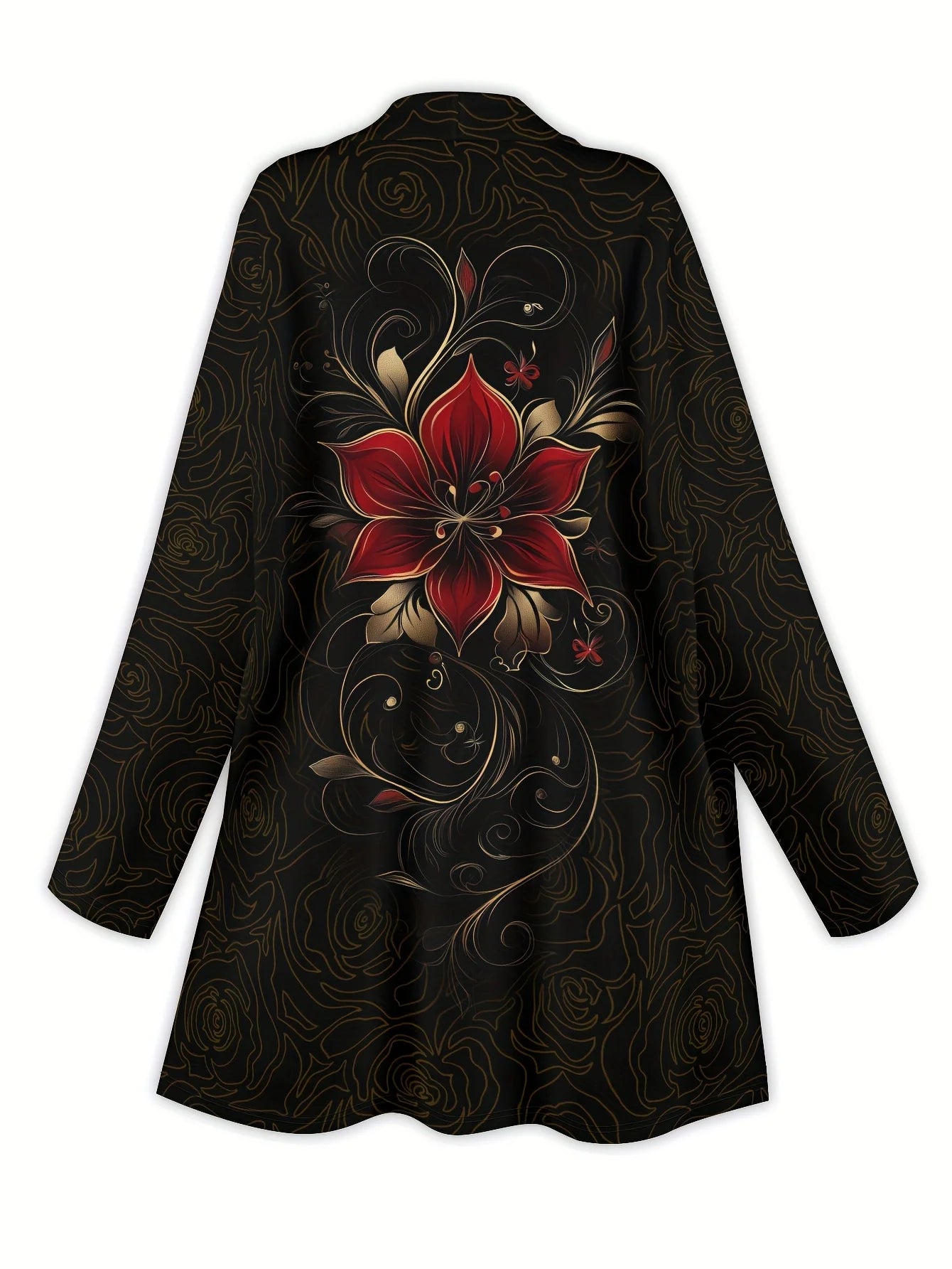 Fashion Women's Vintage Flower Long Sleeve Cardigan, Polyester Open Front, Lightweight Cover Up, Spring Autumn Casual Coat