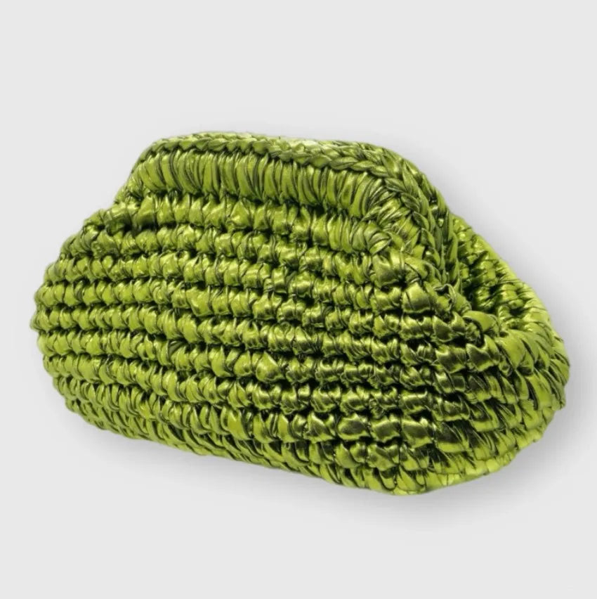 Yingzi Women's Silver Cloth Strip Crochet Clip Bag Woven Underarm Bag Clutch Large Size