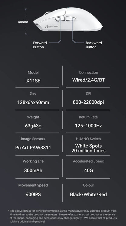 Attack Shark X11  X11SE Wireless Gaming Mouse 3-Mode , PAW3311, 22000DPI, 400IPS, PC Gaming Mouse