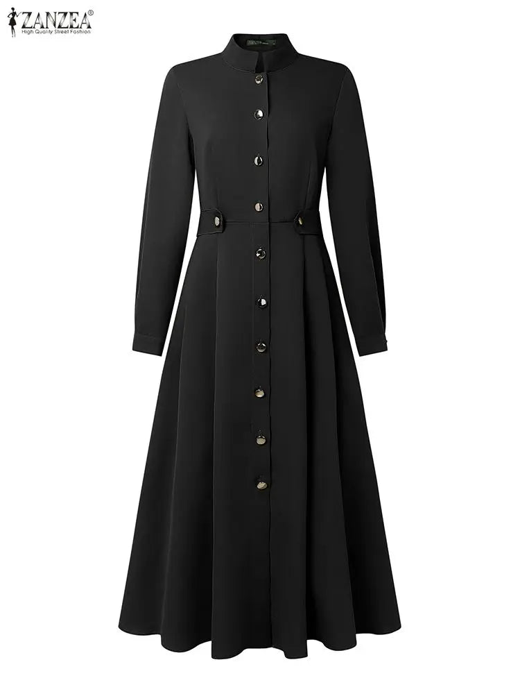Women's Elegant A-Line Midi Dresses ZANZEA Casual Mock Neck Long Sleeve Button Up Long Dress 2025 Autumn Woman Clothing S-3XL