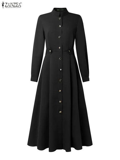 Women's Elegant A-Line Midi Dresses ZANZEA Casual Mock Neck Long Sleeve Button Up Long Dress 2025 Autumn Woman Clothing S-3XL