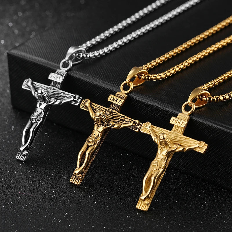 Christian Jesus Cross Necklace For Women Men Stainless Steel Chains Choker Religion Cross Pendants Jewelry Prayer Baptism Gifts