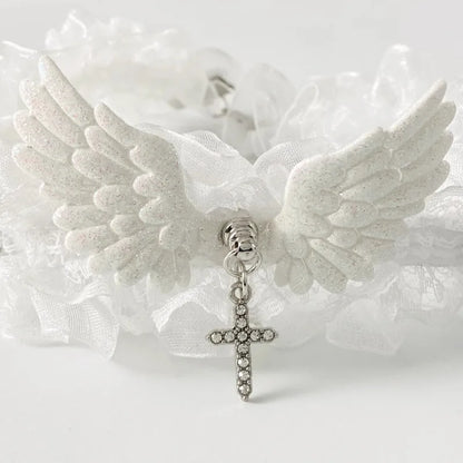 Fashion Solid Color Women Girls Necklace Wide Lace Rivets Lolita Lace Choker Y2K Angel Wings Cool Leather Necklace Daily Wear