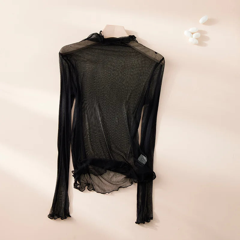 100% Mulberry Silk Slightly Transparent Semi-turtleneck Mesh Sunscreen Shirt for Women