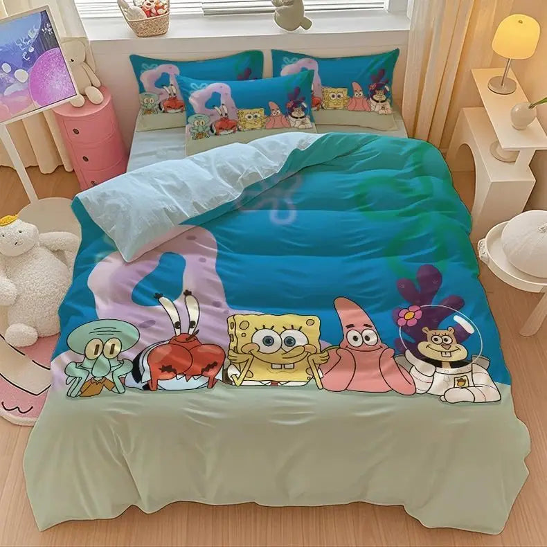 New Anime SpongeBobs Bedding Set Duvet Cover Bed Set Quilt Cover Pillowcase Comforter king Queen Size Boys Adult Bedding Set
