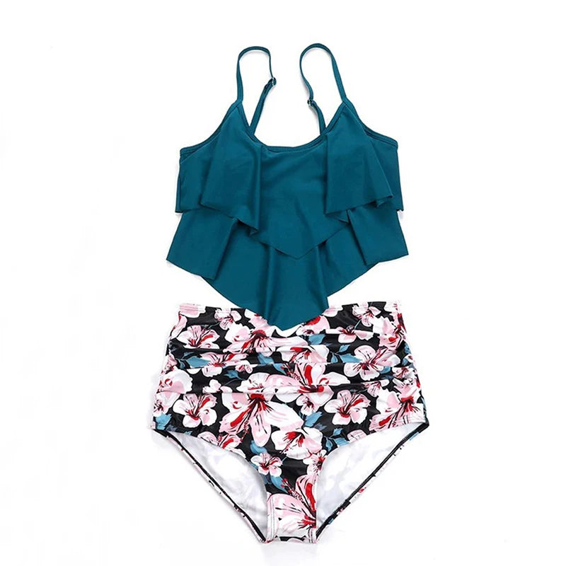 Bathing Suit Women Print 2 Piece Chic Layered Ruffles Suspender High Waist Bikini Summer 2025 New Casual Lady Beachwear Swimsuit