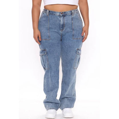 Woman High Waist American Cargo Jeans Lady Straight Leg Cross Pants Girls Fashion Light Blue Dark Blue Black Gray Denim Trousers