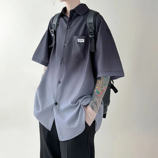 New Summer Tie-dyed Gradient Short-sleeved Shirt Men Loose Trendy Casual Five-part Cardigan