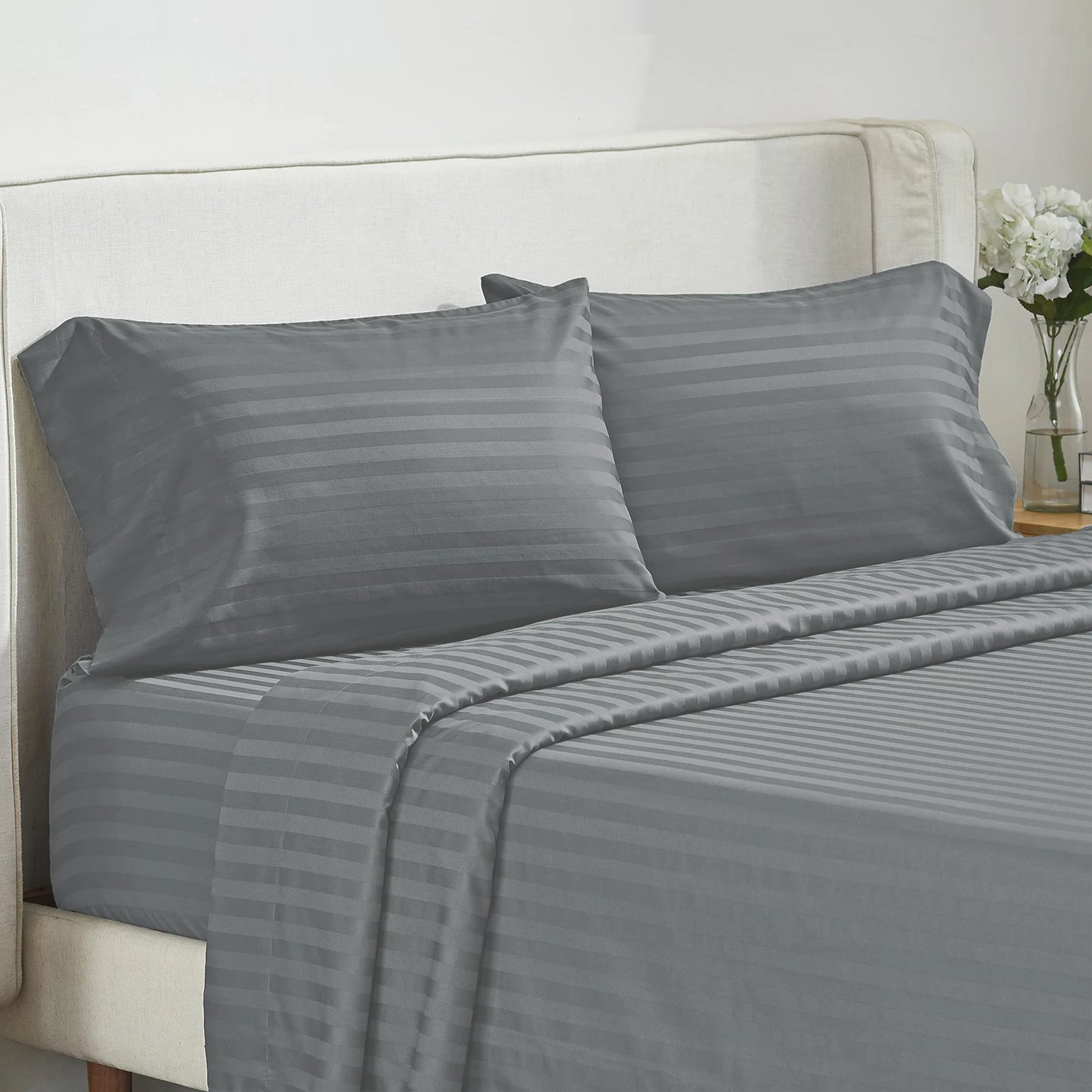Battilo Bed Sheets 4 Pieces Set Luxury Fitted Flat Sheet with Pillowcases Solid Stripe Bedding Set For Twin Full Queen King Size