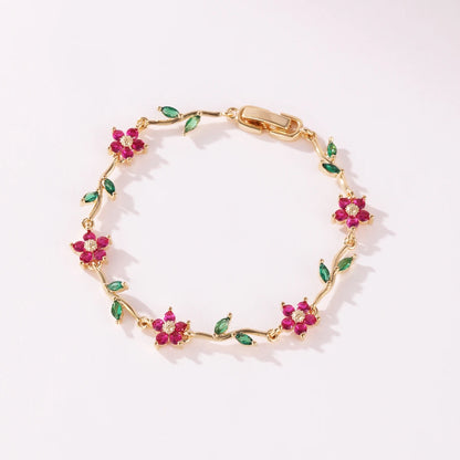 Elegant Multiple Color Flower Charm Zircon Branch Leaf Bracelet Dopamine Niche Sense 18K Gold Plated Women's Bangle Gifts