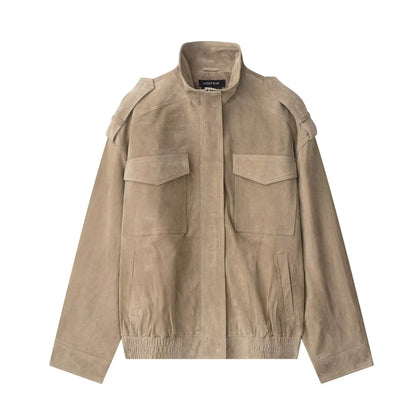 Women's Khaki Leather Jacket zartins Long Sleeve Outwear Streetwear Fashion Coat with Pocket 2026 Style Jackets Solid Woman Coat