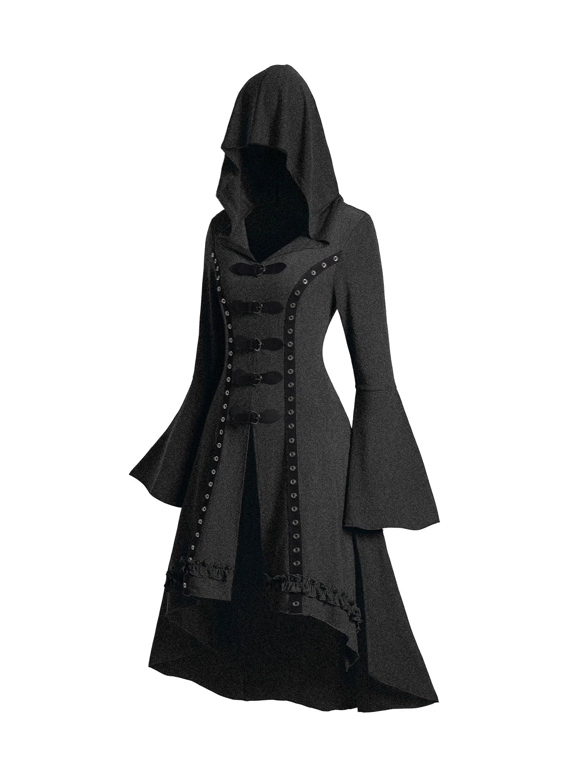 Dressfo Women's Grommet Gothic Hooded Top High Low Hem Buckle Flare Sleeve Frilled Top Long Sleeves Hooded Halloween Tops