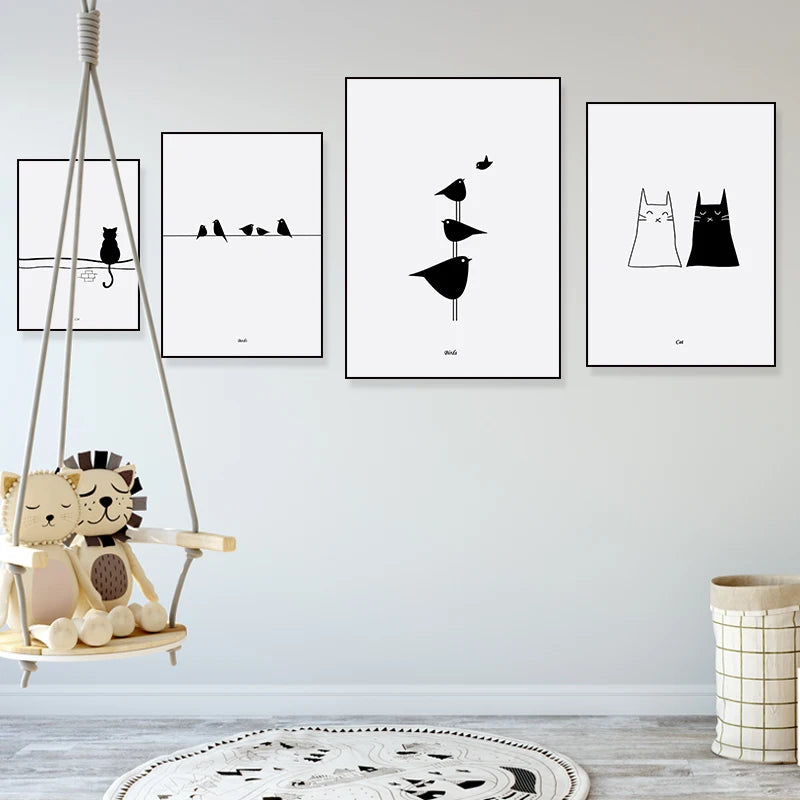 Cats Love Line Canvas Painting Minimalist Decorative Art Print Poster Nordic Black White Wall Picture Decor Nursery Kids Room