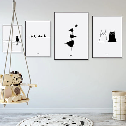 Cats Love Line Canvas Painting Minimalist Decorative Art Print Poster Nordic Black White Wall Picture Decor Nursery Kids Room