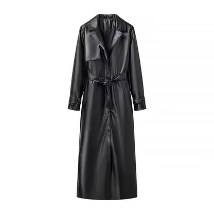 Vintage Pu Leather Extra Long Trench Coat Women Lapel Single-breasted Overcoat With Belt 2025 New Autumn Winter Lady  Outwear