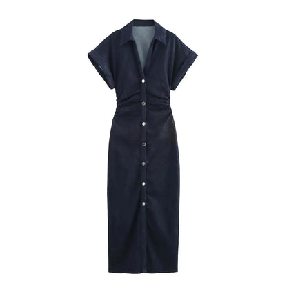 Denim Dress Women's Spring Summer Casual Long Dresses For Women 2026 New Fashion Ruched Short Sleeve Streetwear Midi Dress