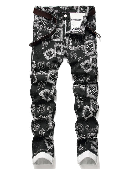 Stylish Mid Stretch Slim Fit Jeans - Men's Mid Waist Distressed And Ripped Denim Jeans With Tassels For All Seasons Street Wear