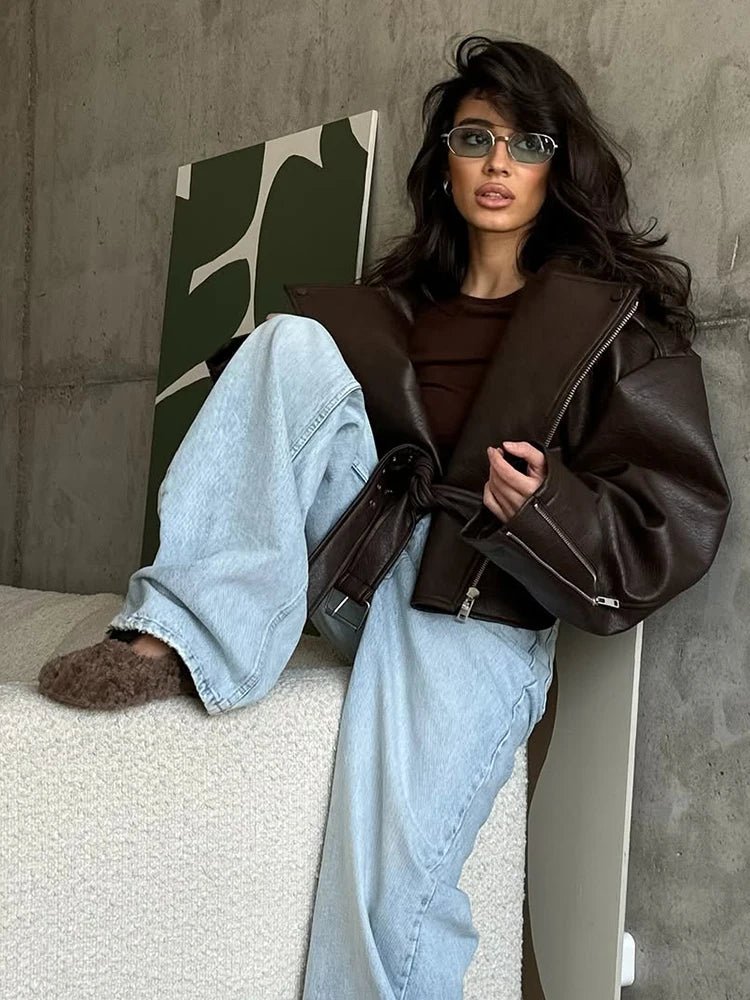 Women Wine Red Lapel Leather Jacket Fashion Full Sleeve Collar Zipper Elastic Waist Coat 2025 Casual Autumn Daily Office Outwear