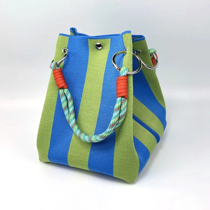 Trendy Woven Bucket Bag for Women, Korean Fashion Knitted Handheld Shoulder Bag, Lightweight Tote for Vacation Shopping Travel