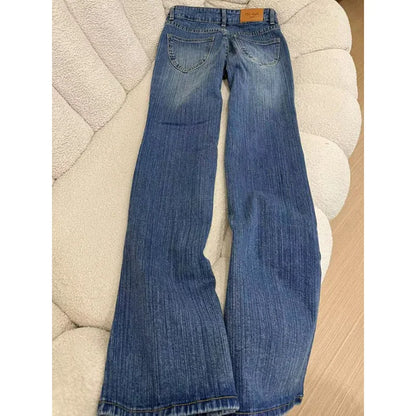 2025 Female Chic Low Waist Flare Jeans Women Retro Blue Slim Fit Bell Bottom Pants Lady Korean Fashion Denim Trousers